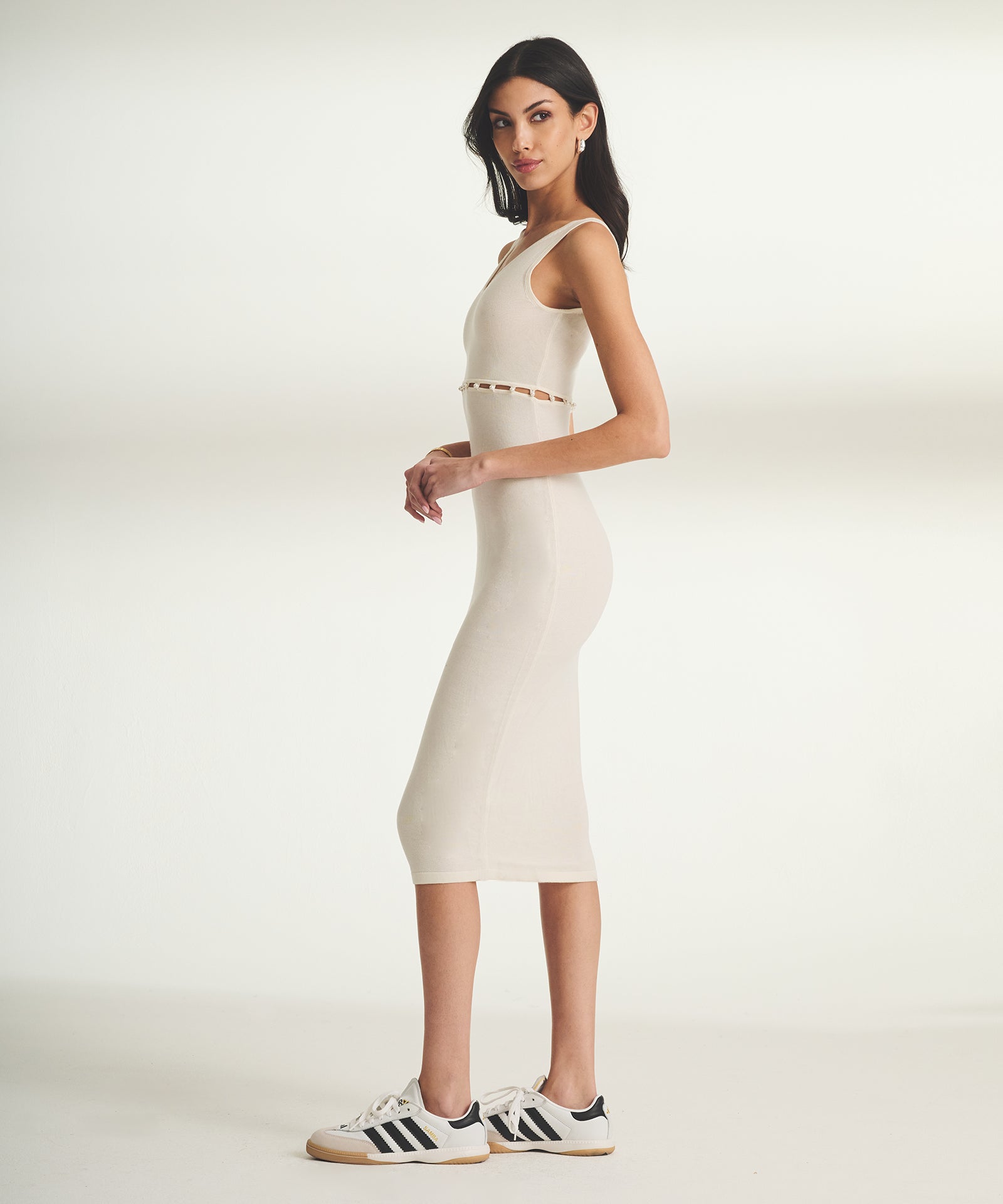 Cupro Cashmere Pearl Button Midi Dress