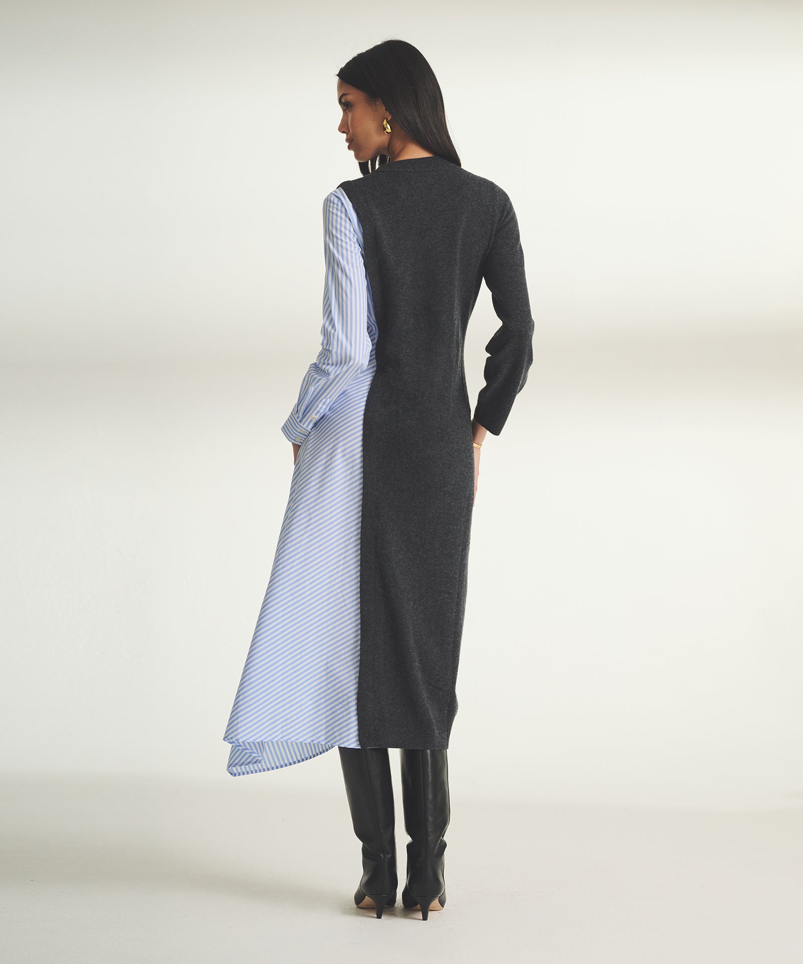 Wool Cashmere Mixed Media Asymmetrical Midi Dress